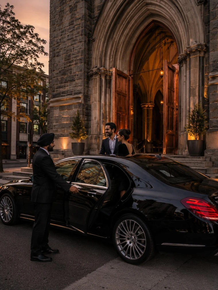 Black luxury Mercedes S-Class sedan in front of The LINE DC Hotel in Adams Morgan Washington DC with Singh chauffeur opening rear door for guest