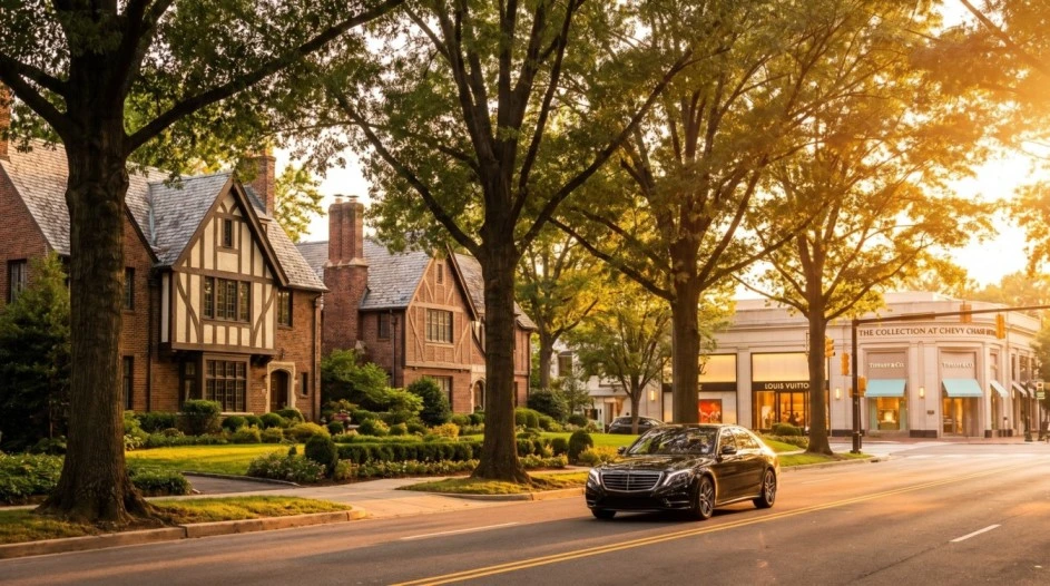 Luxury limo service in Chevy Chase MD near Collection at Chevy Chase and Friendship Heights for weddings and corporate travel