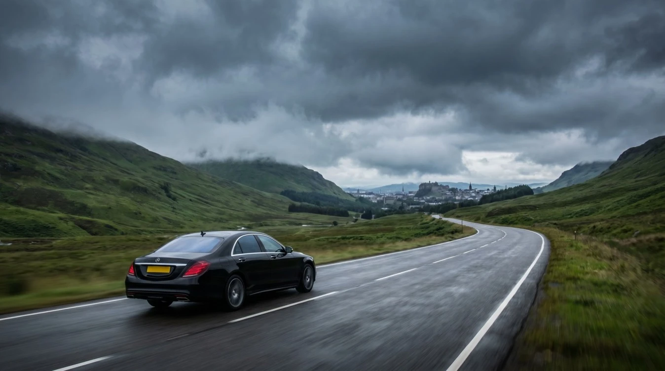 Private intercity chauffeur service in Europe with luxury car on a European motorway