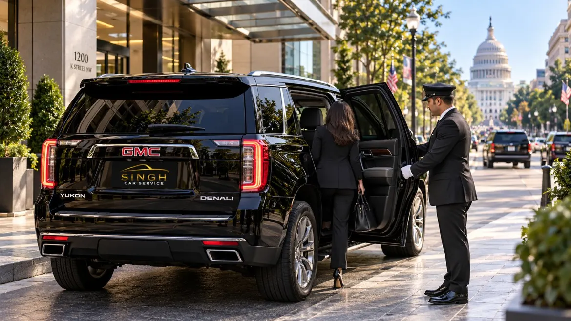 Corporate limousine service in Washington DC with executive chauffeur and luxury black limousine