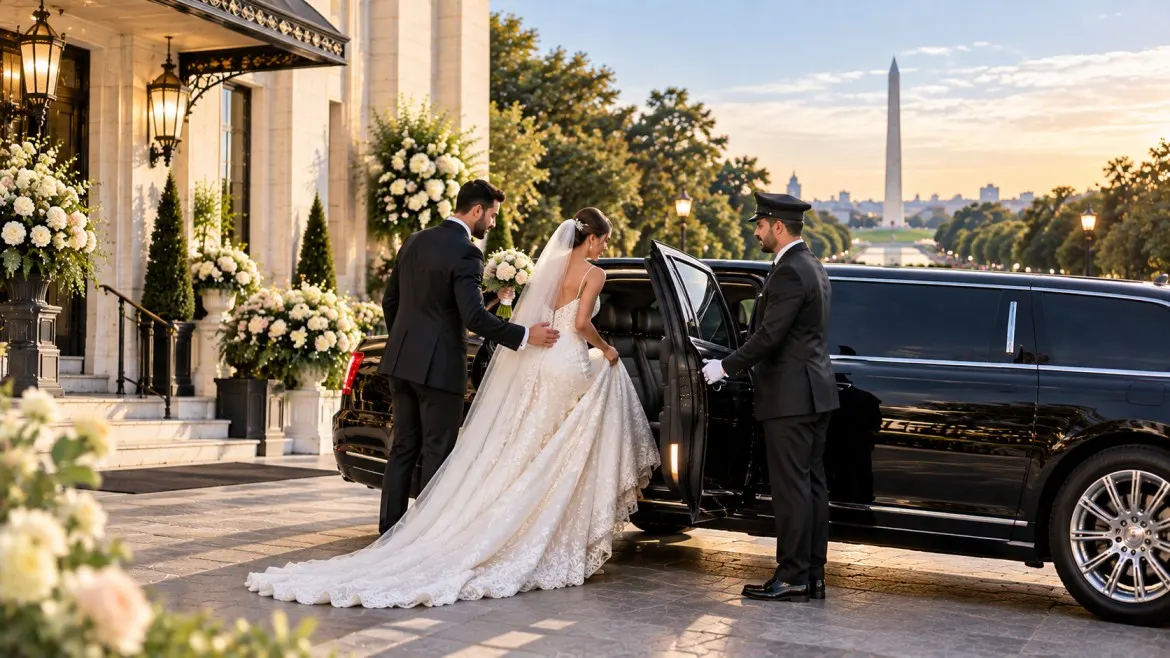 Washington DC wedding limousine service with black stretch limousine and professional chauffeur