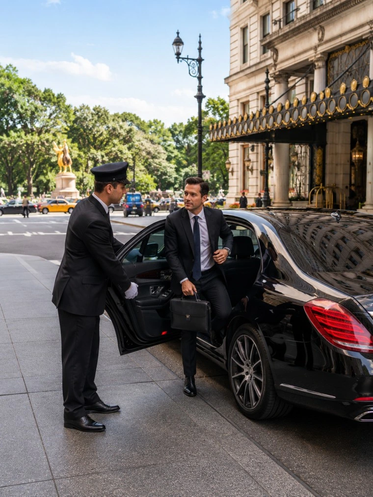 Professional chauffeur with black luxury sedan in Manhattan with skyline visible during Washington DC to New York private limousine service