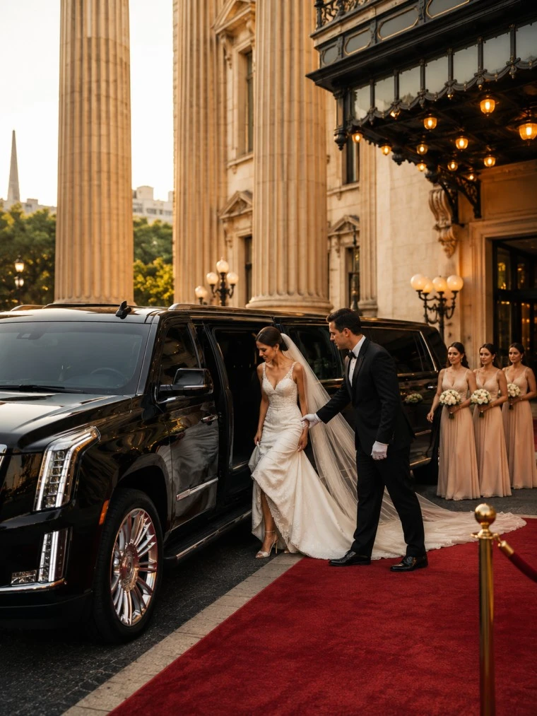 White Lincoln Town Car stretch limousine with bridal party in elegant formal attire arriving at Willard InterContinental Washington DC wedding venue with red carpet entrance