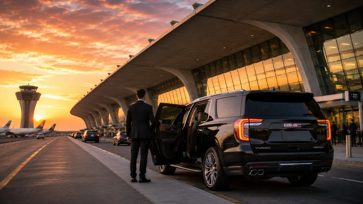 Dulles airport transfer with black luxury Mercedes S-Class sedan parked at iconic Eero Saarinen designed 1962 Main Terminal of Washington Dulles International Airport IAD with sweeping concrete canopy roof and curbside pickup
