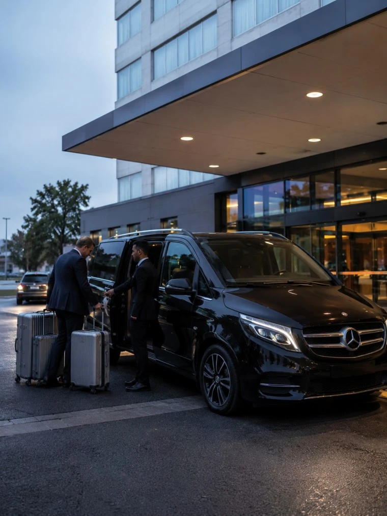 Black Mercedes S-Class executive sedan with professional Singh chauffeur opening rear door for international business traveler at Washington Dulles Airport IAD Main Terminal curbside pickup area