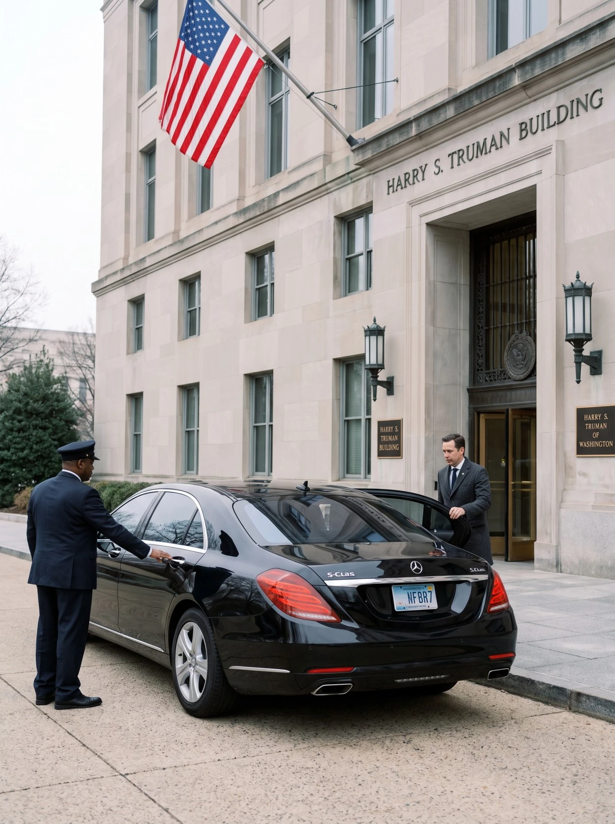 Black Mercedes S-Class sedan with Singh chauffeur opening rear door for diplomat at State Department Harry S. Truman Building entrance in Foggy Bottom Washington DC