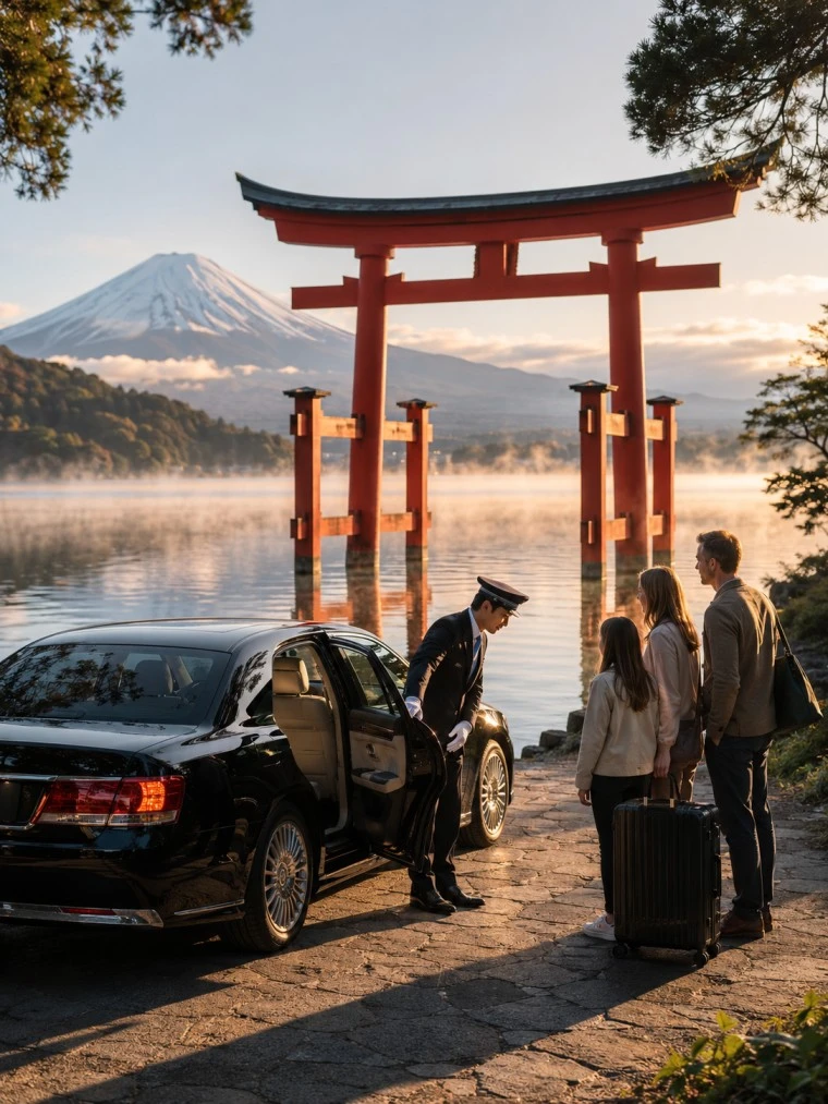 Black luxury sedan at Lake Ashi Hakone with the iconic Hakone Shrine torii gate and Mt. Fuji in the background during Singh chauffeur day trip