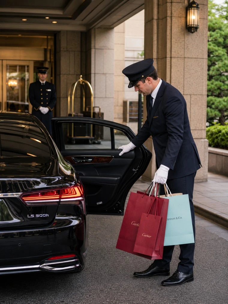 Professional English-speaking chauffeur with black luxury sedan at the entrance of Imperial Hotel Tokyo or Peninsula Tokyo in Ginza luxury shopping district