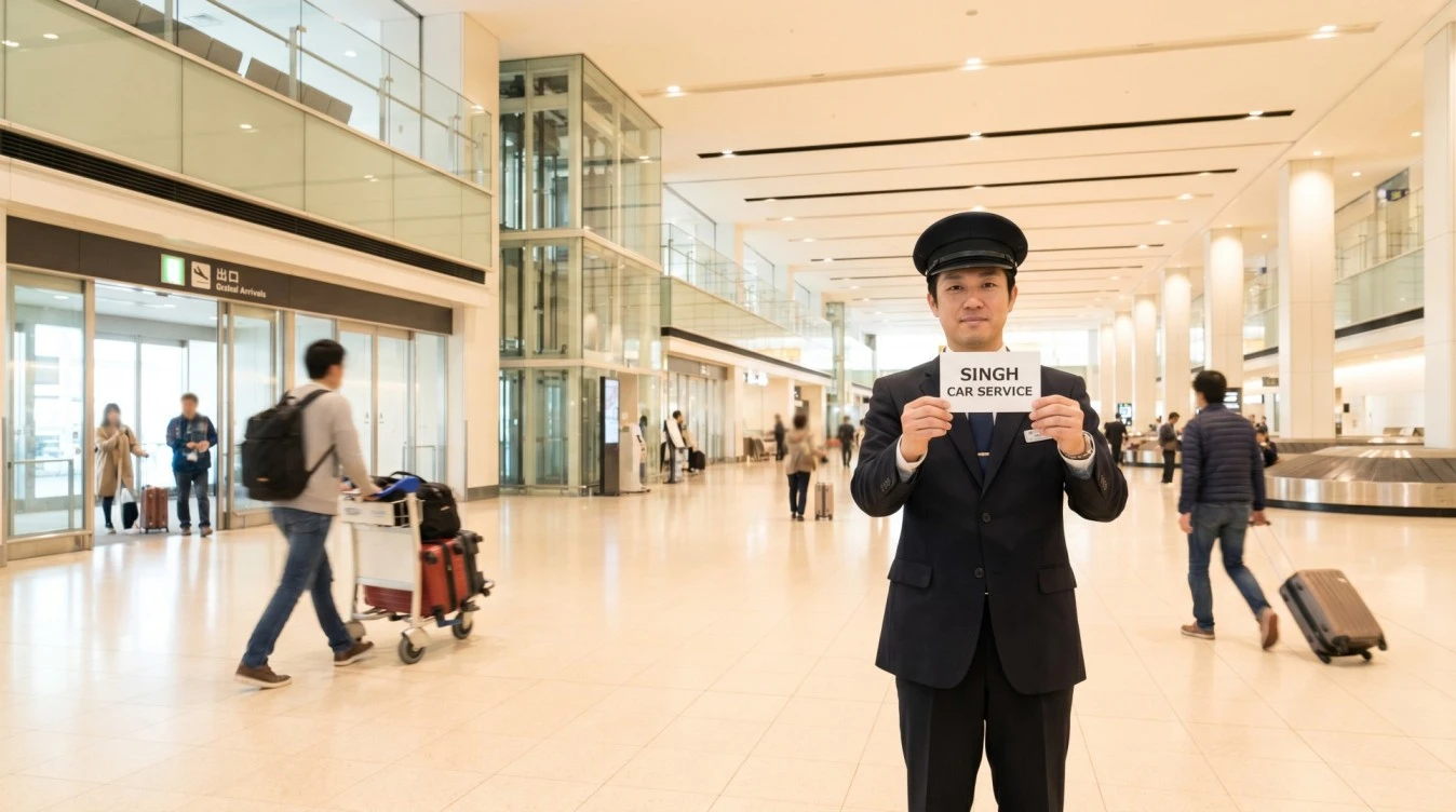 Professional English-speaking chauffeur waiting at Haneda Airport Terminal 3 Arrival Hall with name sign