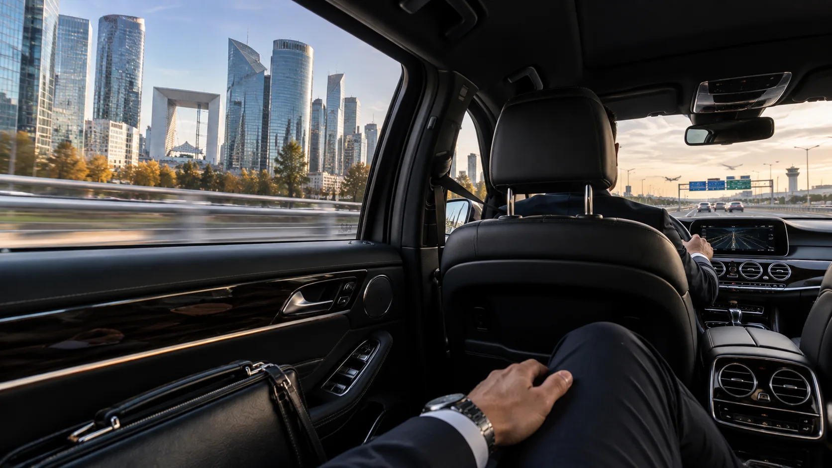 Executive chauffeur journey from La Défense toward a Paris airport