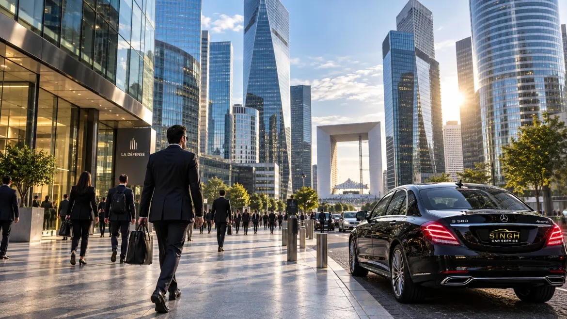 La Défense business district chauffeur pickup among modern office towers