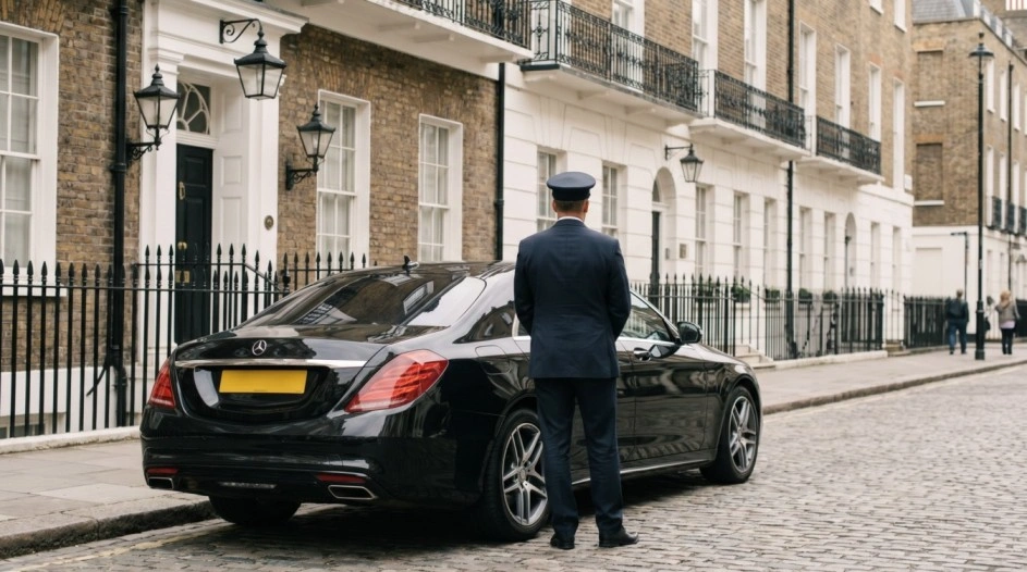 Professional chauffeur service in London luxury executive black car on London street near Mayfair
