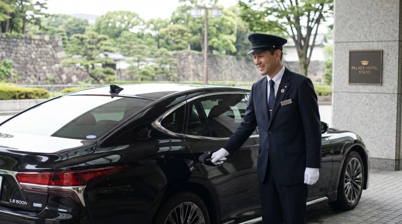 Professional English-speaking chauffeur with black sedan in Marunouchi Tokyo near Palace Hotel and Shangri-La Tokyo