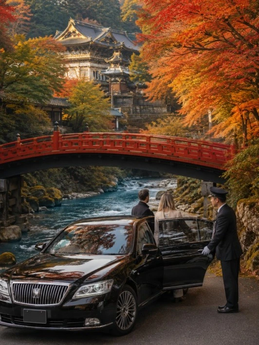 Black luxury sedan at Shinkyo Bridge Nikko with the sacred red lacquered bridge and Toshogu Shrine UNESCO area in the background during Singh private chauffeur day trip