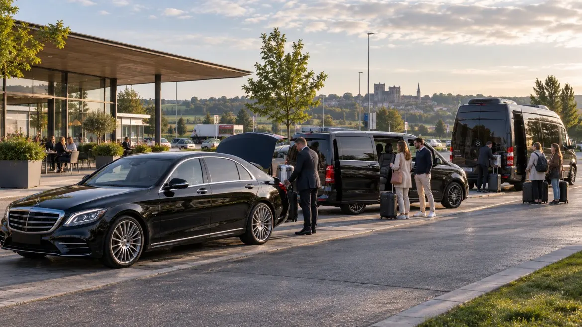 Comfort-focused Beauvais transfer fleet with luxury sedan van and Sprinter on a quiet roadside stop