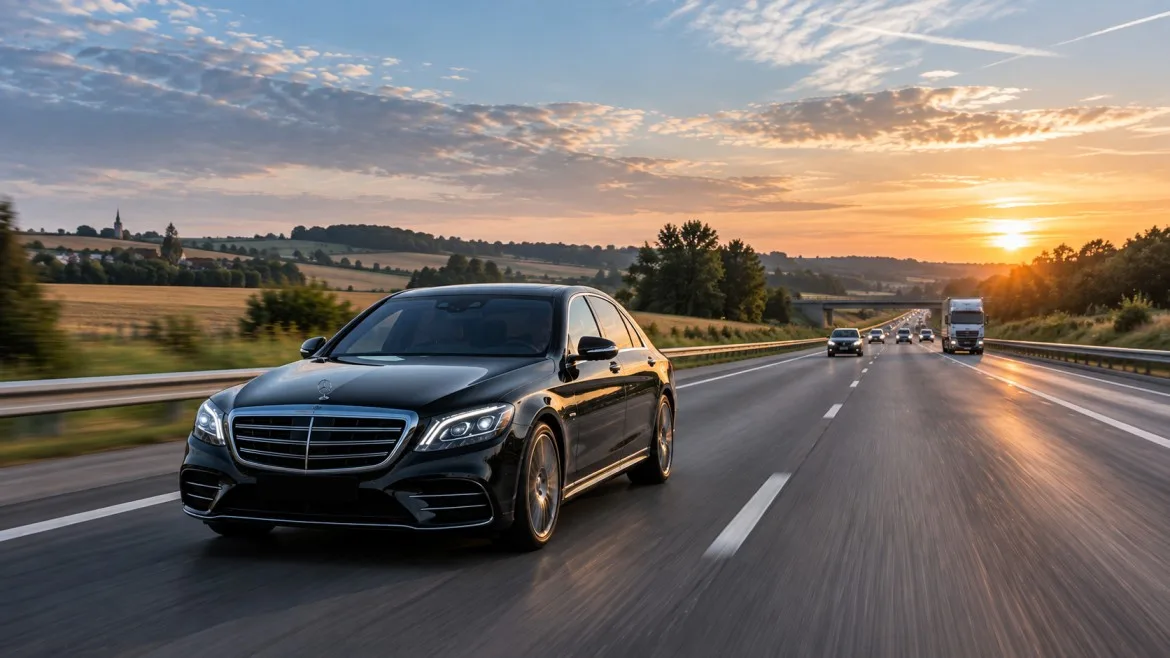 Road journey from Beauvais to Paris on the A16 with a black executive car