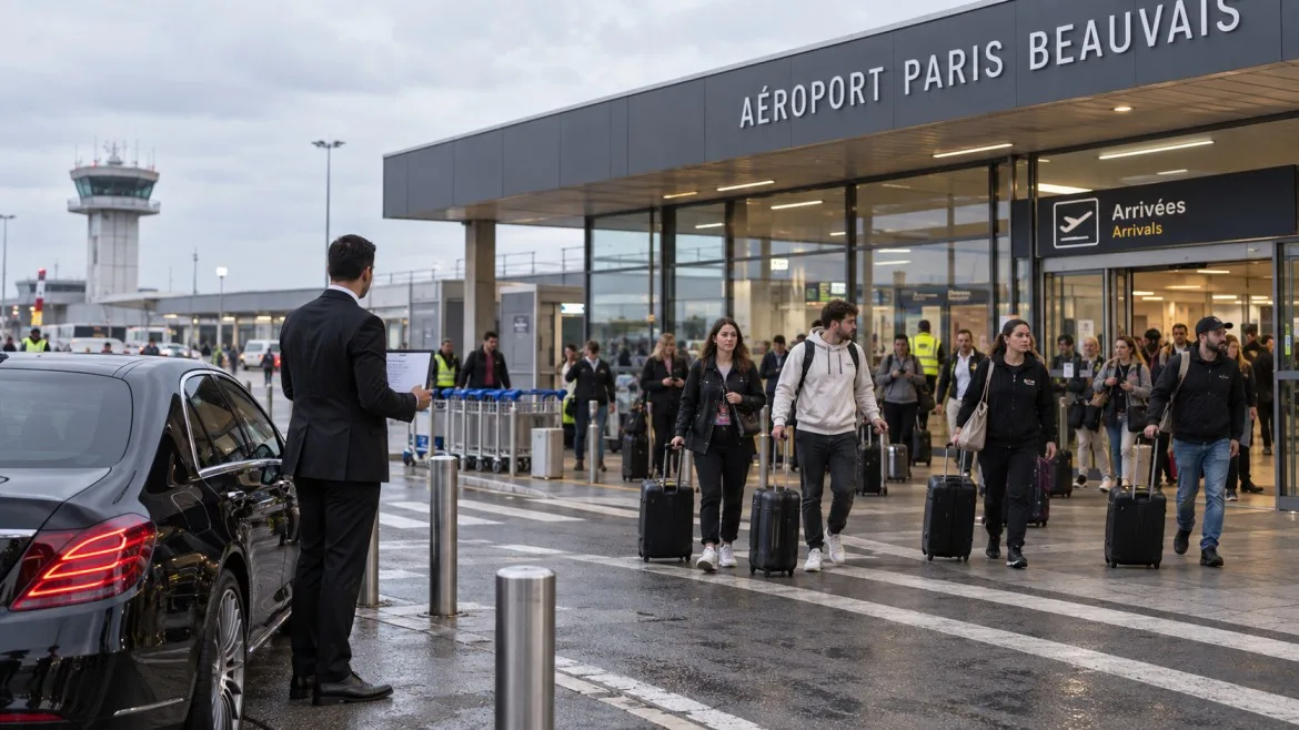 Beauvais arrivals terminal scene with low-cost airline passengers and chauffeur meet and greet