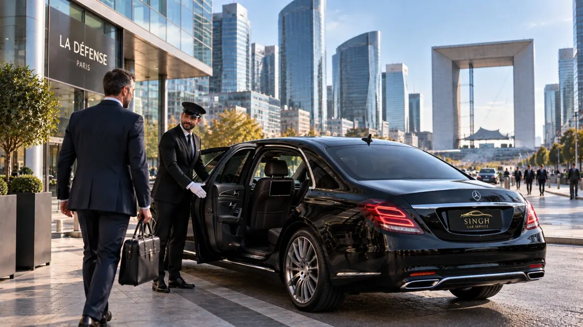 Corporate CDG airport transfer to La Defense Paris with professional chauffeur and black executive car