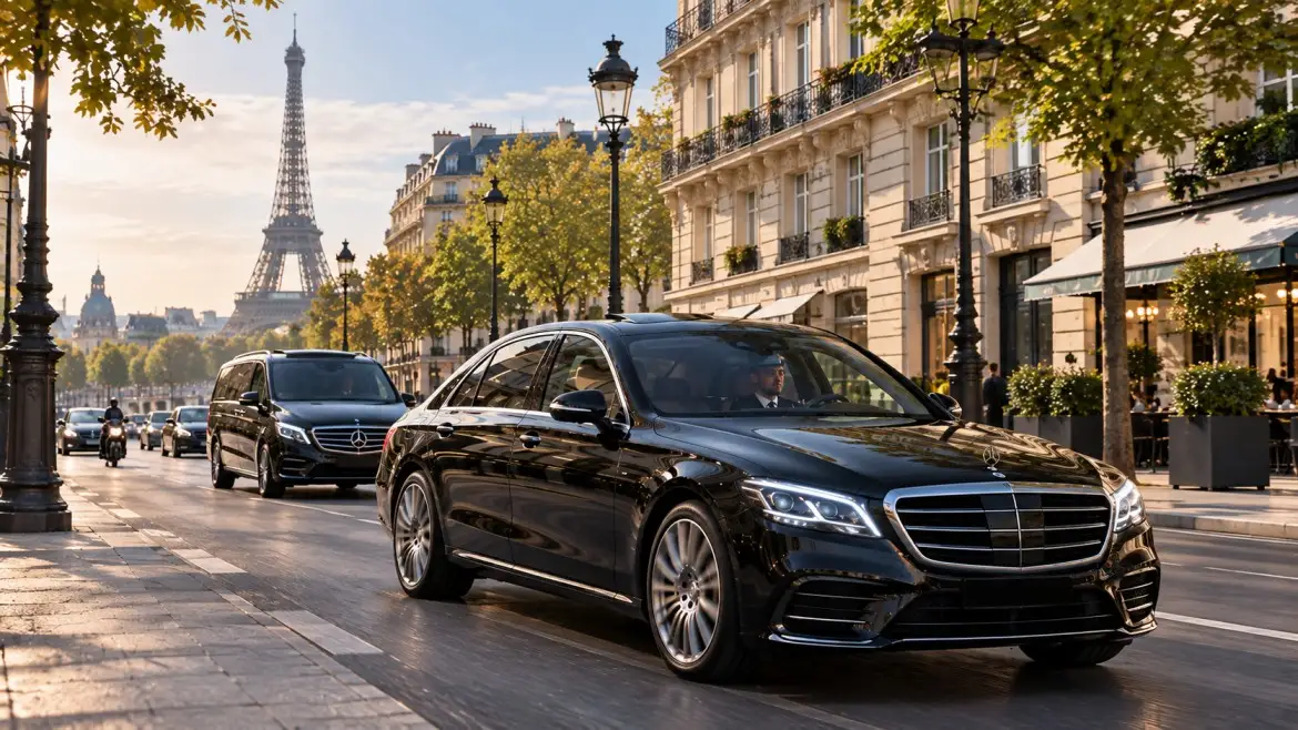 Private CDG to Paris transfer with black chauffeur car approaching central Paris