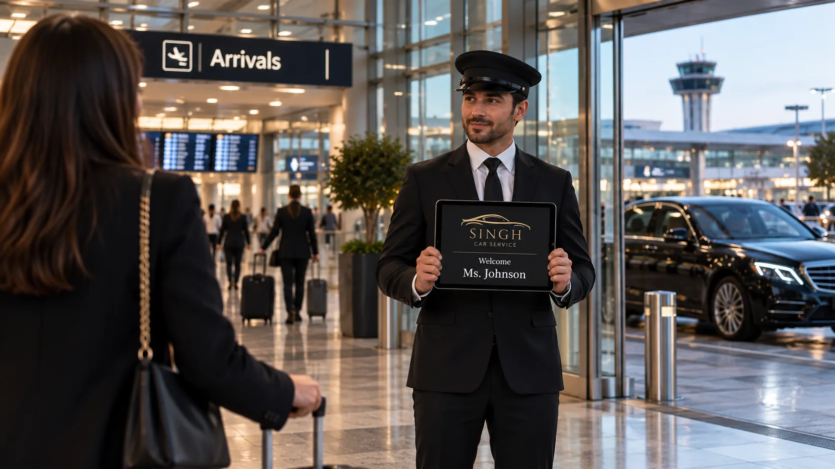 CDG airport pickup inside Charles de Gaulle arrivals terminal with professional chauffeur holding a name sign