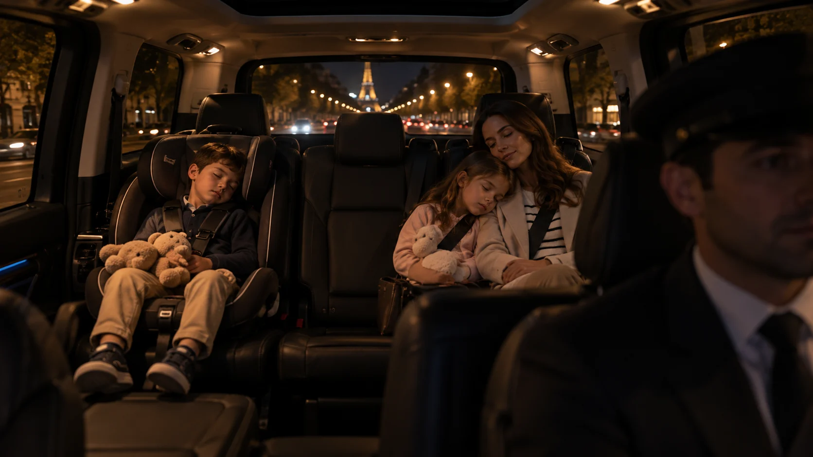 Quiet evening family chauffeur return from Disneyland Paris in a luxury van