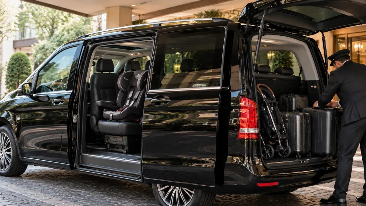 Family luggage stroller and child-seat setup for a Disneyland Paris chauffeur transfer