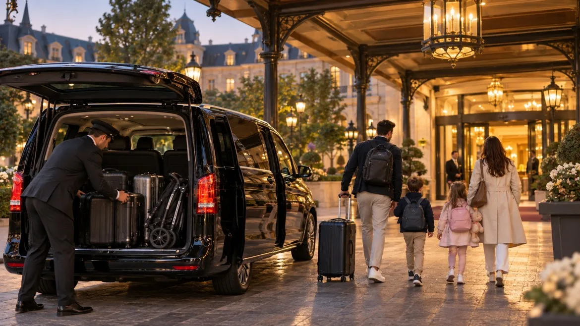 Family arriving by private chauffeur at a Disneyland Paris area hotel