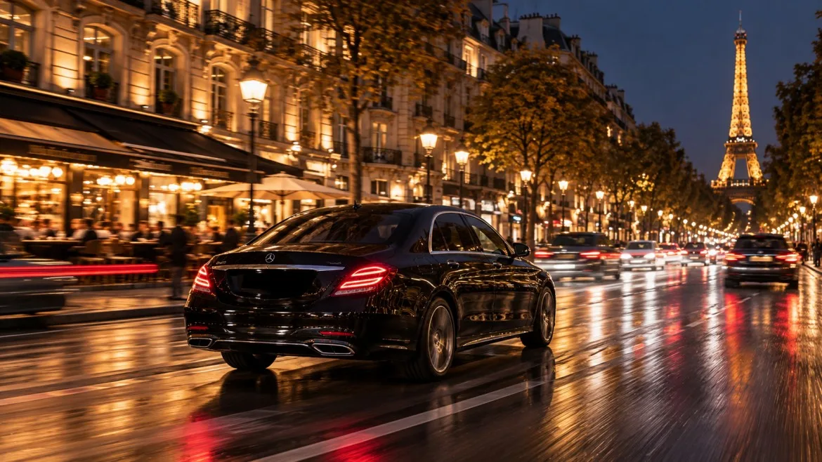 Paris hourly chauffeur service at night with executive black car on a softly lit boulevard