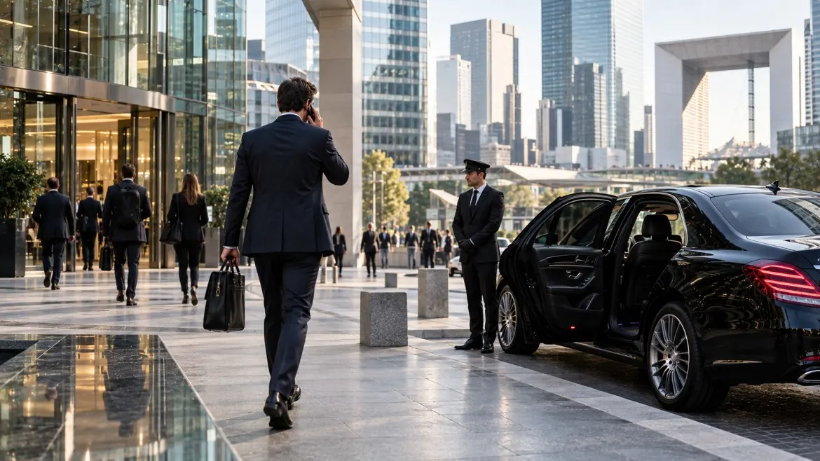 Paris business roadshow chauffeur waiting between meetings in La Defense