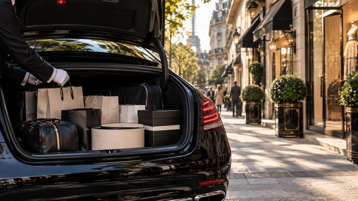 Paris shopping chauffeur service with luxury bags secured in a black executive car