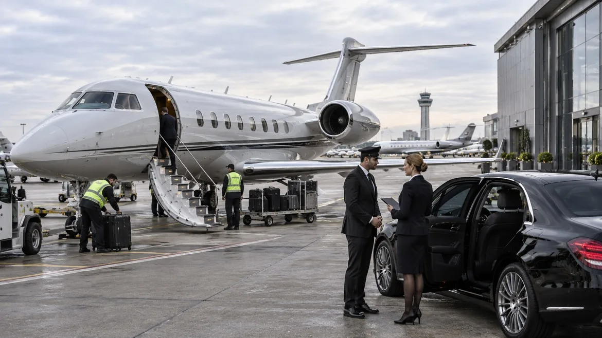 Le Bourget FBO tarmac pickup with professional chauffeur beside a private jet