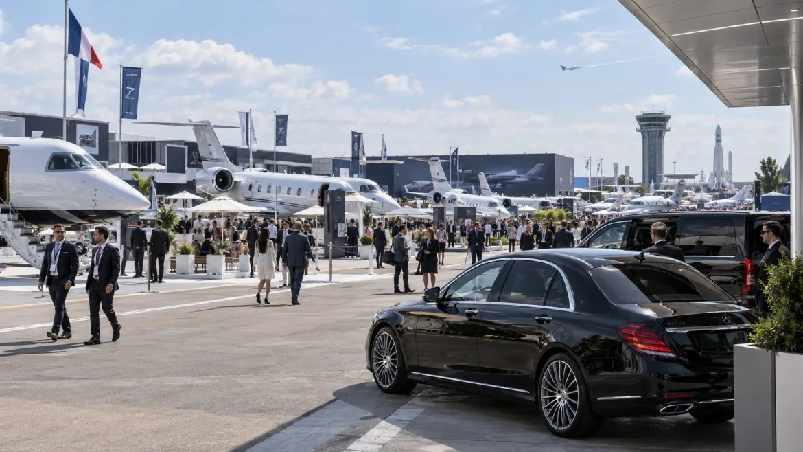 Paris Air Show chauffeur service at Le Bourget with executive black car and business aviation aircraft