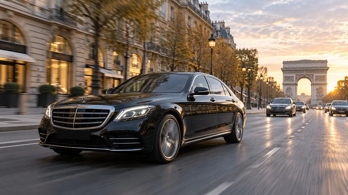 Private chauffeur transfer from Le Bourget Airport to central Paris in a luxury black car