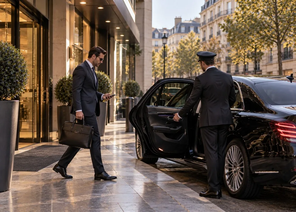 Corporate limousine service in Paris with executive passenger and premium black sedan