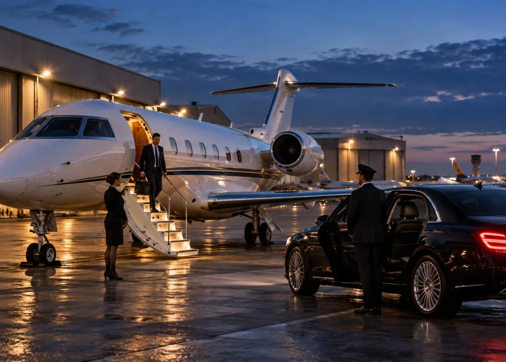 Luxury limousine transfer from a private jet at Paris Le Bourget Airport