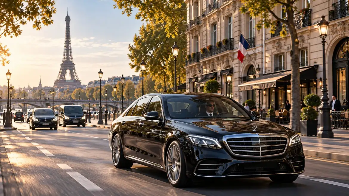 Private Orly to Paris transfer with black luxury car approaching central Paris