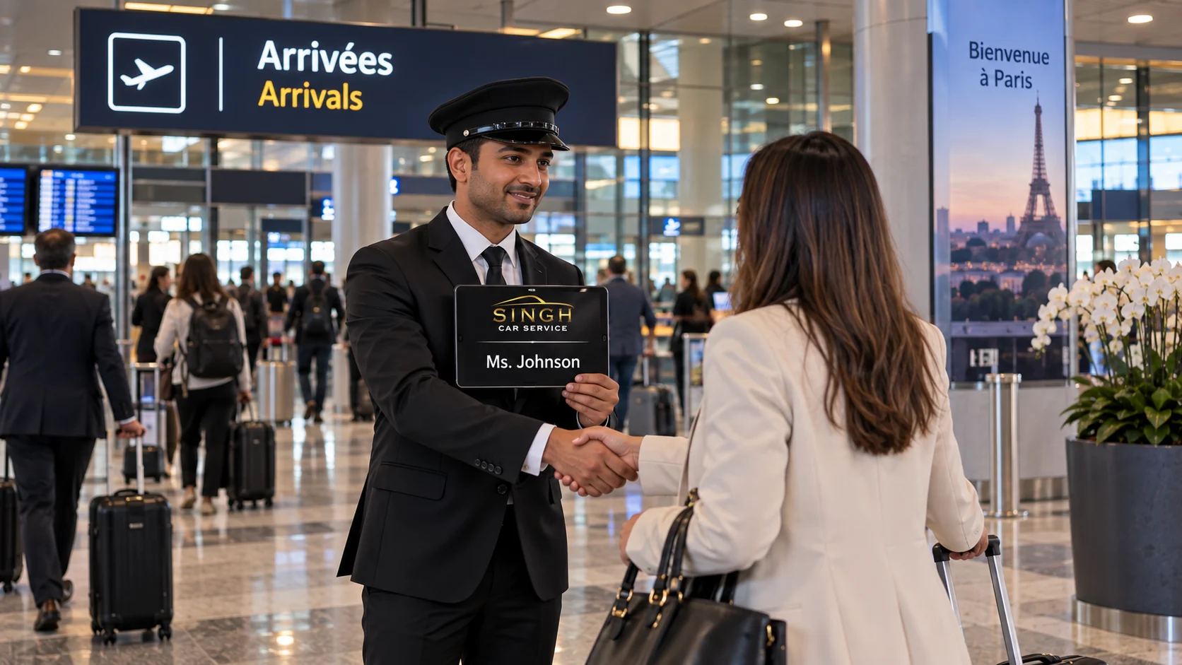 Orly airport arrivals pickup with professional chauffeur holding a name sign inside the terminal