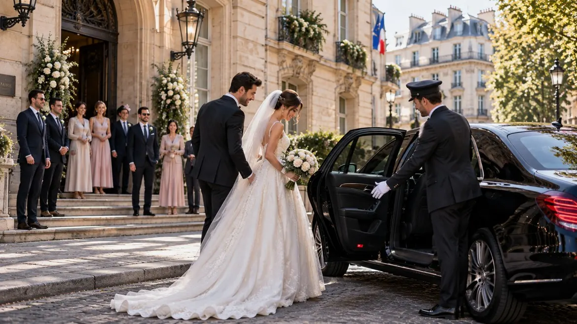 Elegant Paris wedding chauffeur arrival outside a civil ceremony venue