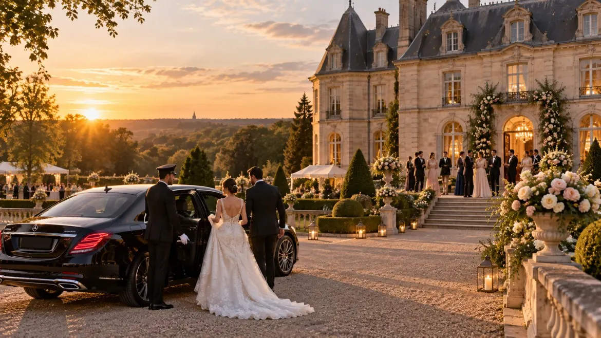 Luxury wedding chauffeur arrival at a château near Paris