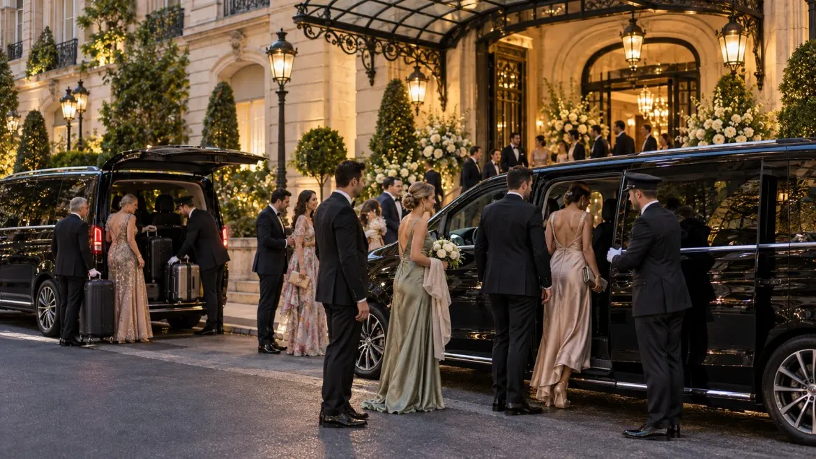Coordinated wedding guest transport with premium vans outside a Paris hotel