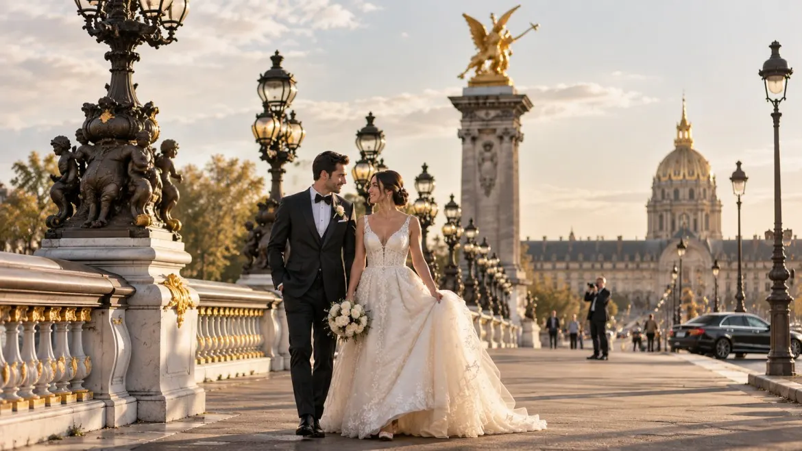 Paris wedding photography route with bride and groom near Pont Alexandre III