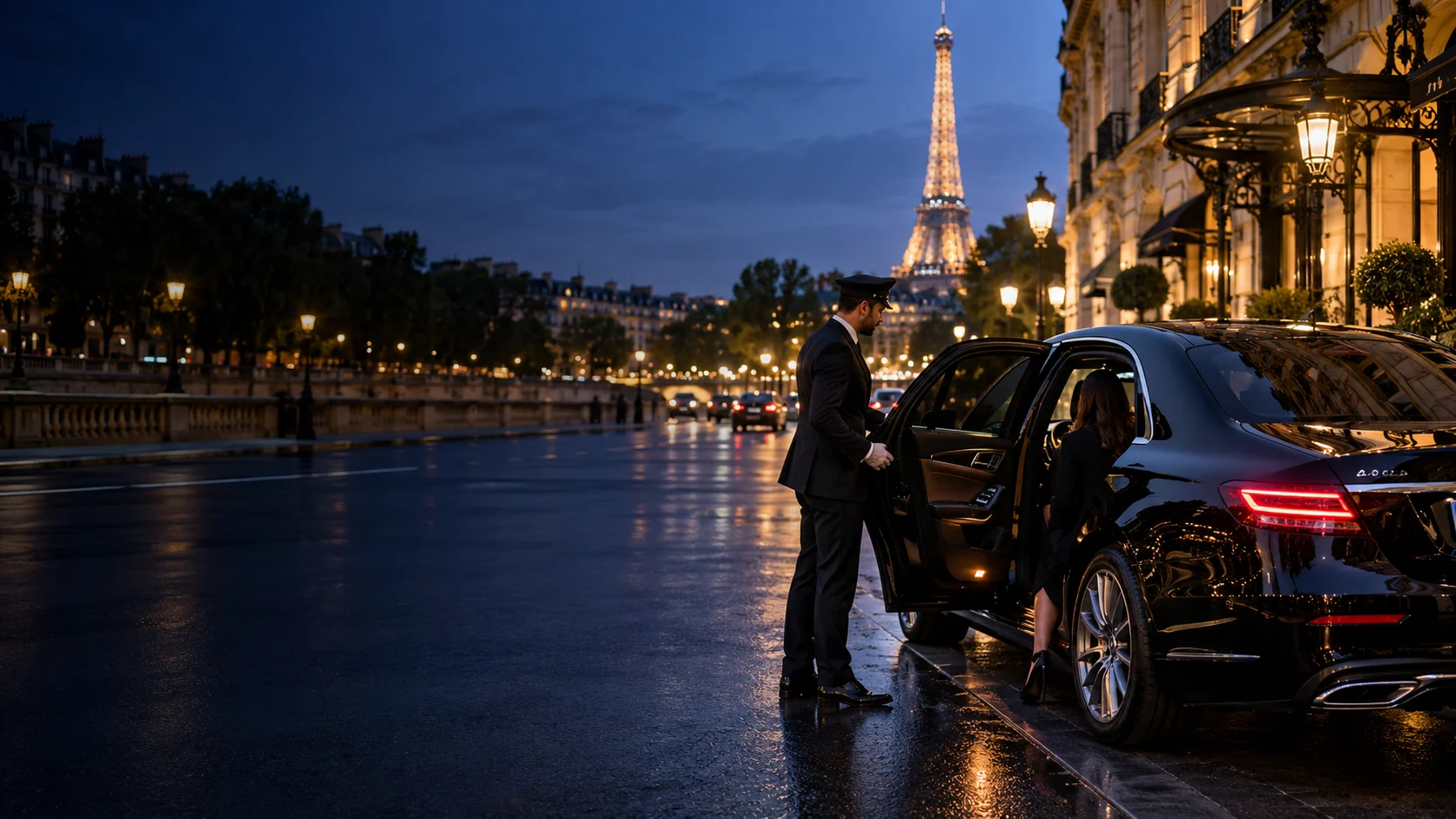 Paris chauffeur service with luxury black car and professional chauffeur
