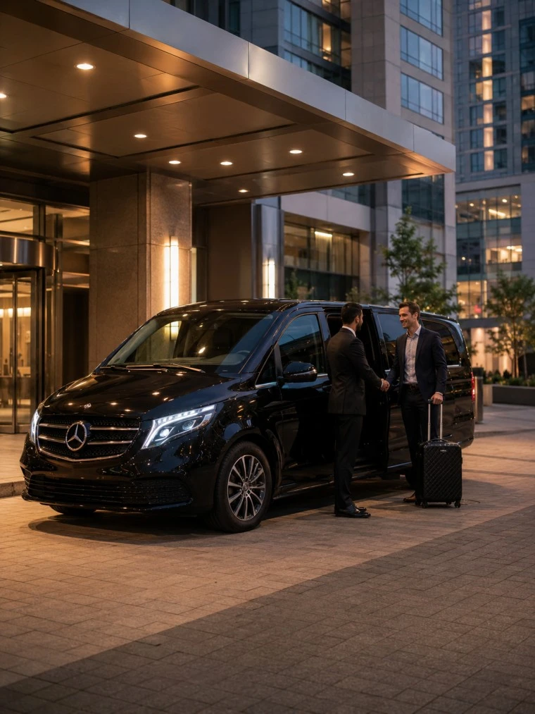 Black Mercedes S-Class sedan with Singh chauffeur opening rear door for business traveler at Reagan National Airport DCA Terminal 2 National Hall curbside pickup with monument view