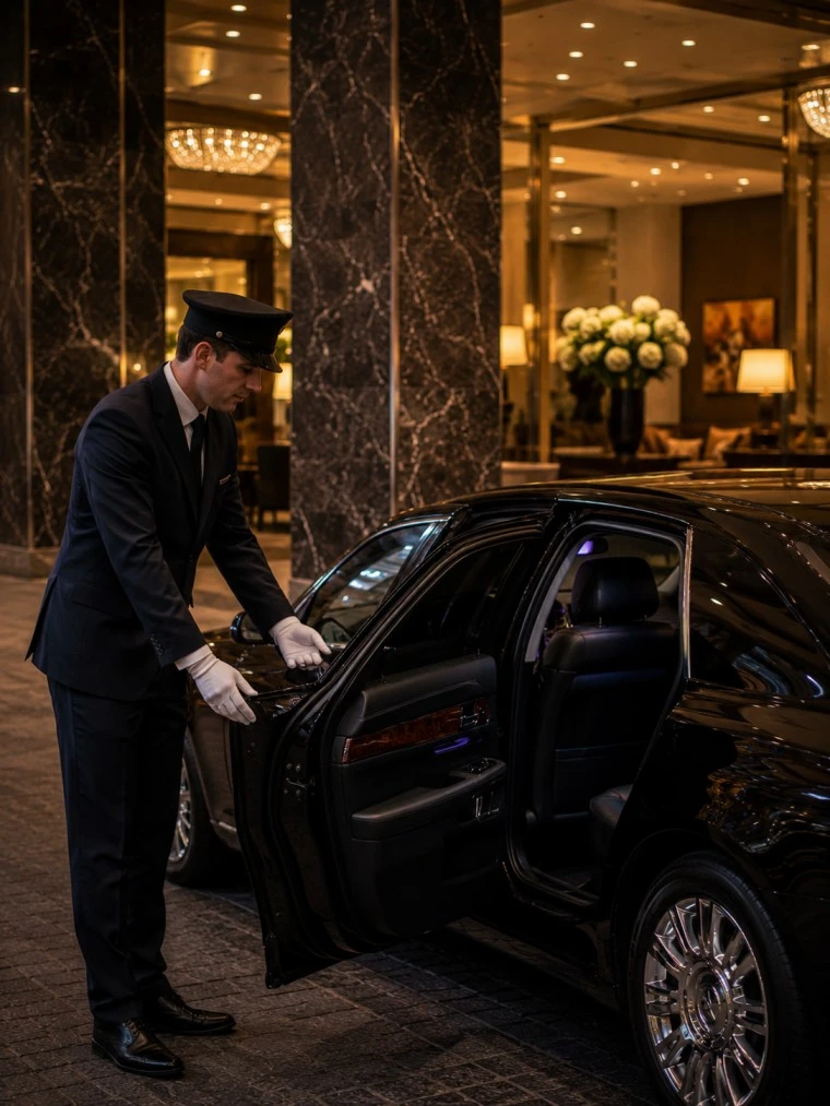 Professional English-speaking chauffeur with black luxury limousine in Roppongi Tokyo near Ritz-Carlton Tokyo Midtown and Roppongi Hills