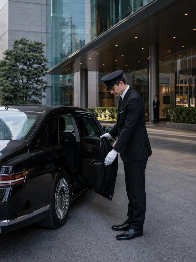 Professional English-speaking chauffeur with black luxury sedan in Shibuya Tokyo near Scramble Crossing Cerulean Tower and Hachiko Statue