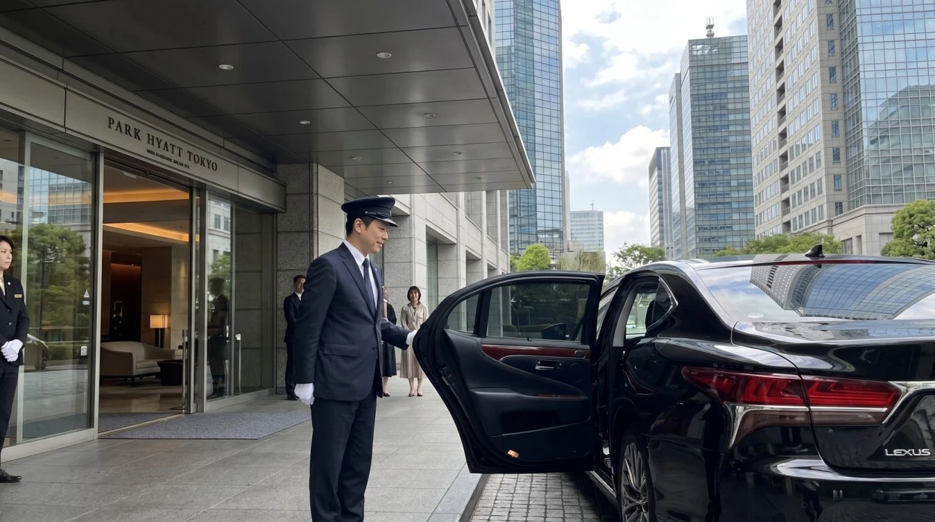 Professional English-speaking chauffeur with black sedan in Shinjuku Tokyo near Park Hyatt and Hyatt Regency hotels