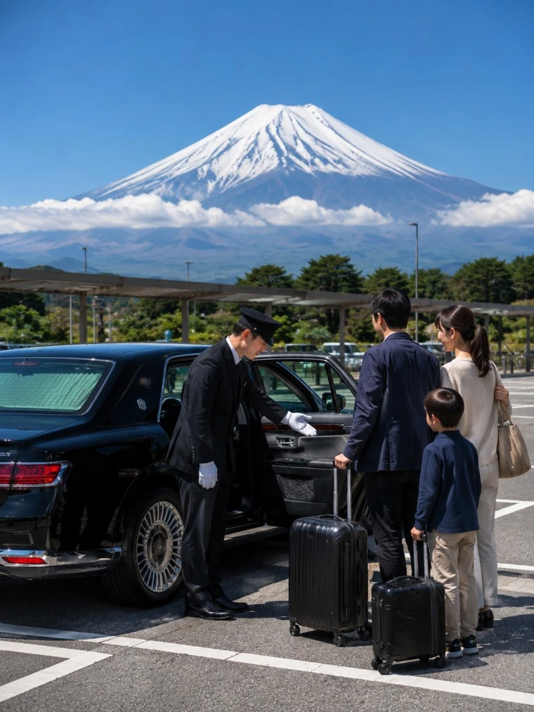 Black luxury sedan on Shin-Tomei Expressway with Mt. Fuji in the background during Tokyo to Kyoto private chauffeur journey