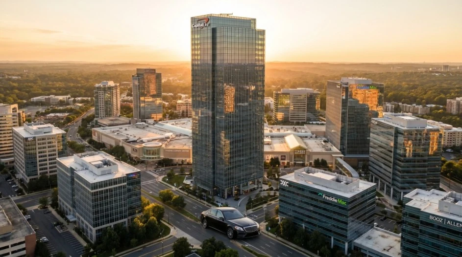 Professional black car limo service in Tysons Corner VA near Capital One Headquarters and Tysons Corner Center