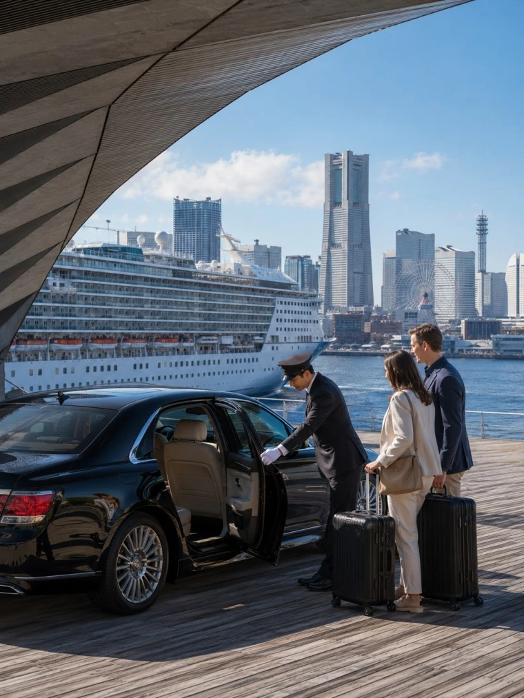 Black luxury sedan at Yokohama Osanbashi cruise pier with Diamond Princess ship and Minato Mirai 21 skyline backdrop during Singh chauffeur transfer